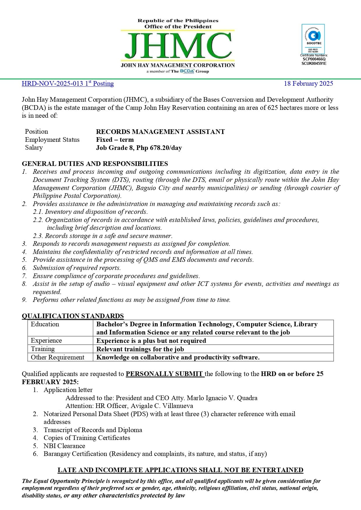 JHMC Job Posting: Records Management Assistant and Internal Audit Manager